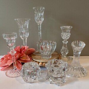 Mismatched - Crystal Pillar Candle Holders - Set of 8 - Average Height is 6"